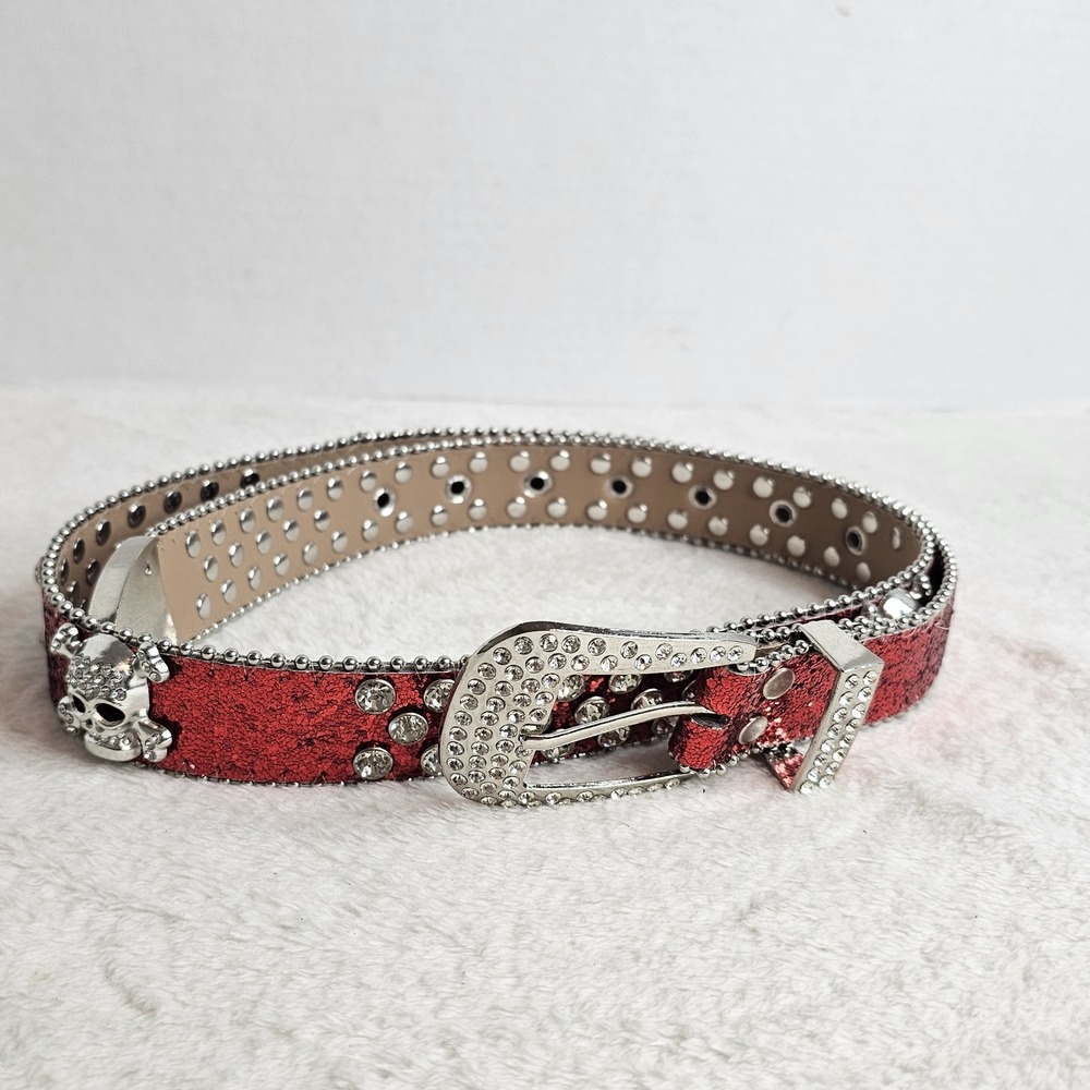 Red Faux Leather Belt W Skulls & Bling Size M/L Buckle To End 44 Inches Goth